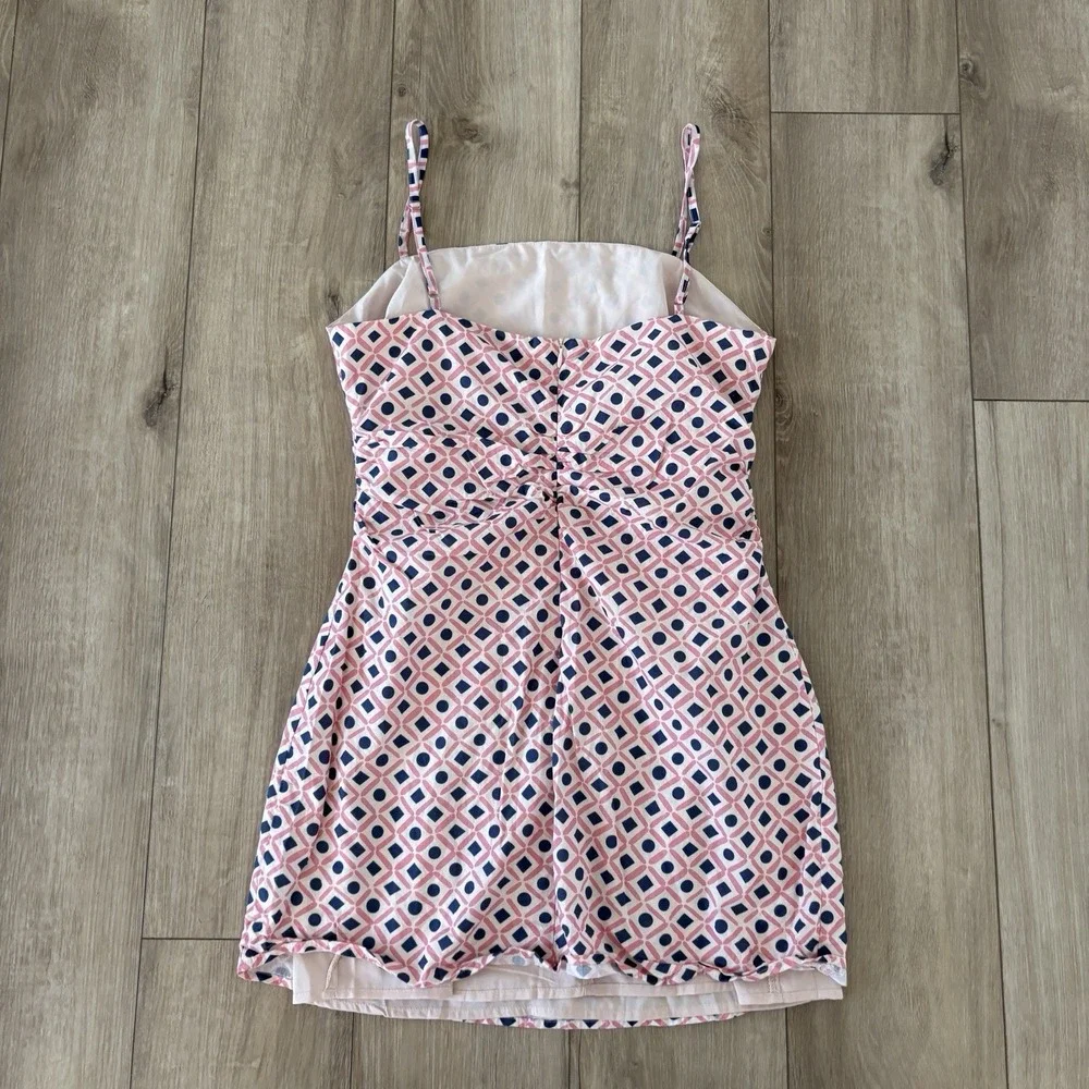 LuLu's Women's Charming Desire Pink Geo Print Ruched Sleeveless Mini Dress SZ L